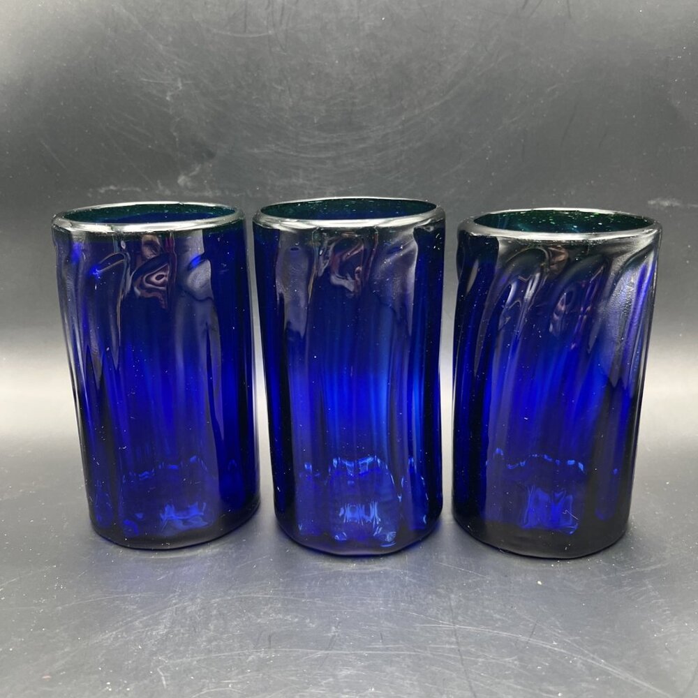 Set Of 3 Hand Blown Mexican Glasses Cobalt Blue Swirl Green Rim ~5" - Picture 11 of 14
